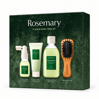 Kit cuoio capelluto 4 pezzi: scrub, shampoo, spray e spazzola | AROMATICA Rosemary Scalp Scaling Trial Kit - SuiCura Cosmetics - novità