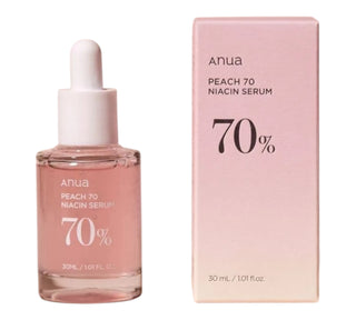 Siero viso ANUA Peach 70 Niacin, formulato con niacinamide al 5% per ridurre macchie e donare luminosità, flacone da 30ml.