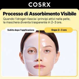 Maschera in idrogel COSRX Glass Glow in due parti applicata sul viso fino a diventare trasparente